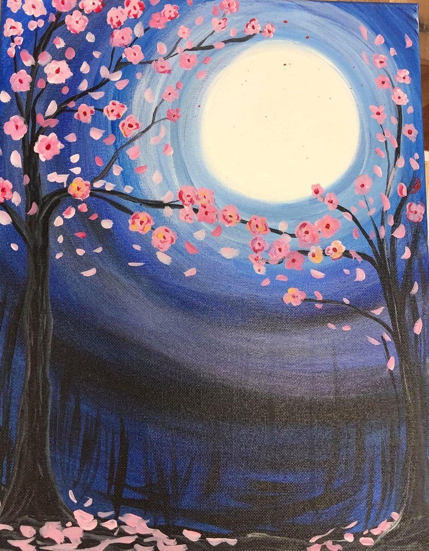 Moonlit cherry blossoms over a dark landscape, with a bright full moon in a blue sky