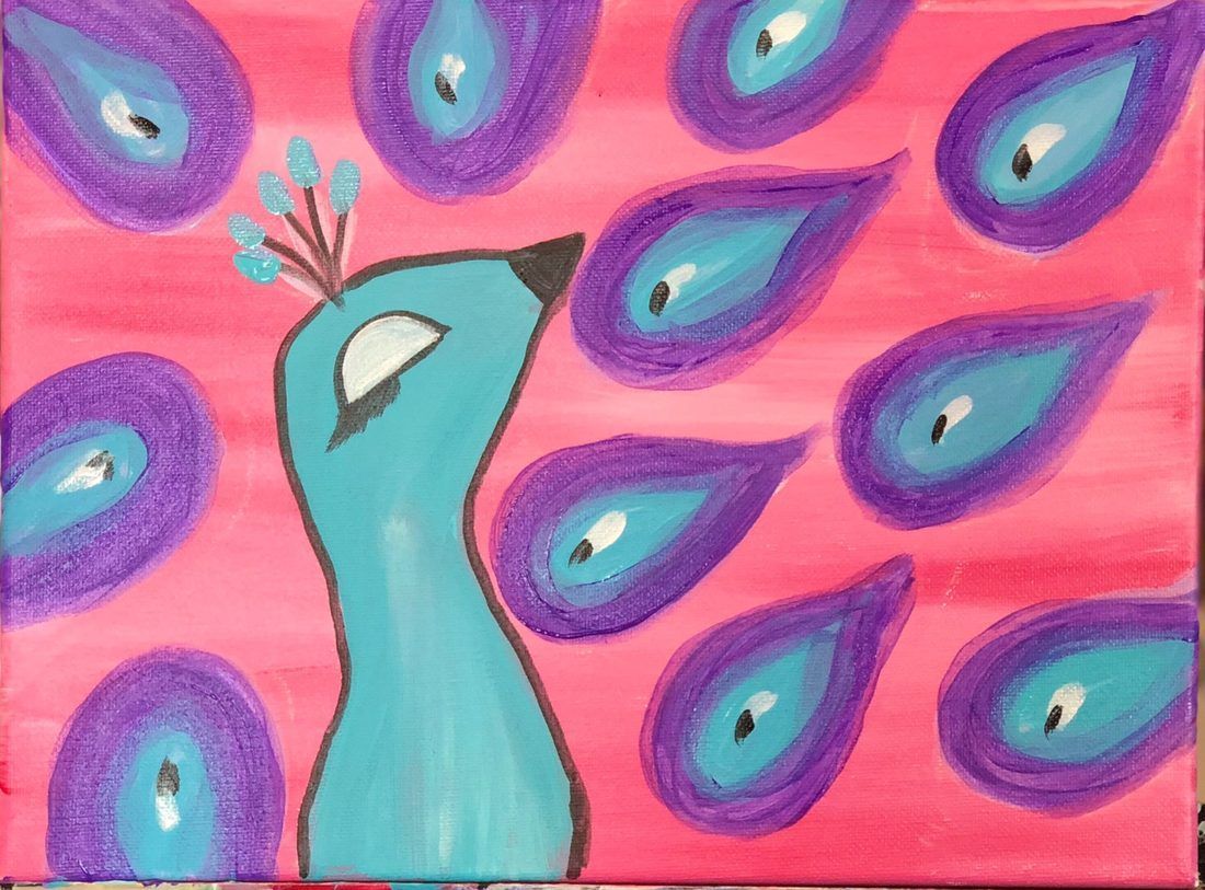 Turquoise peacock amid purple-blue peacock feathers on a pink background