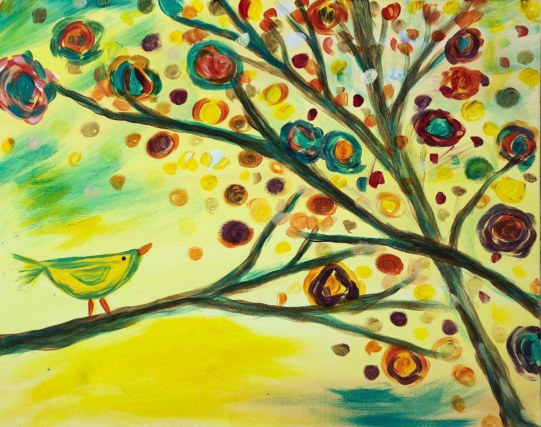 Abstract painting of a yellow bird on a branch with red-orange blossoms and teal leaves against a bright yellow background
