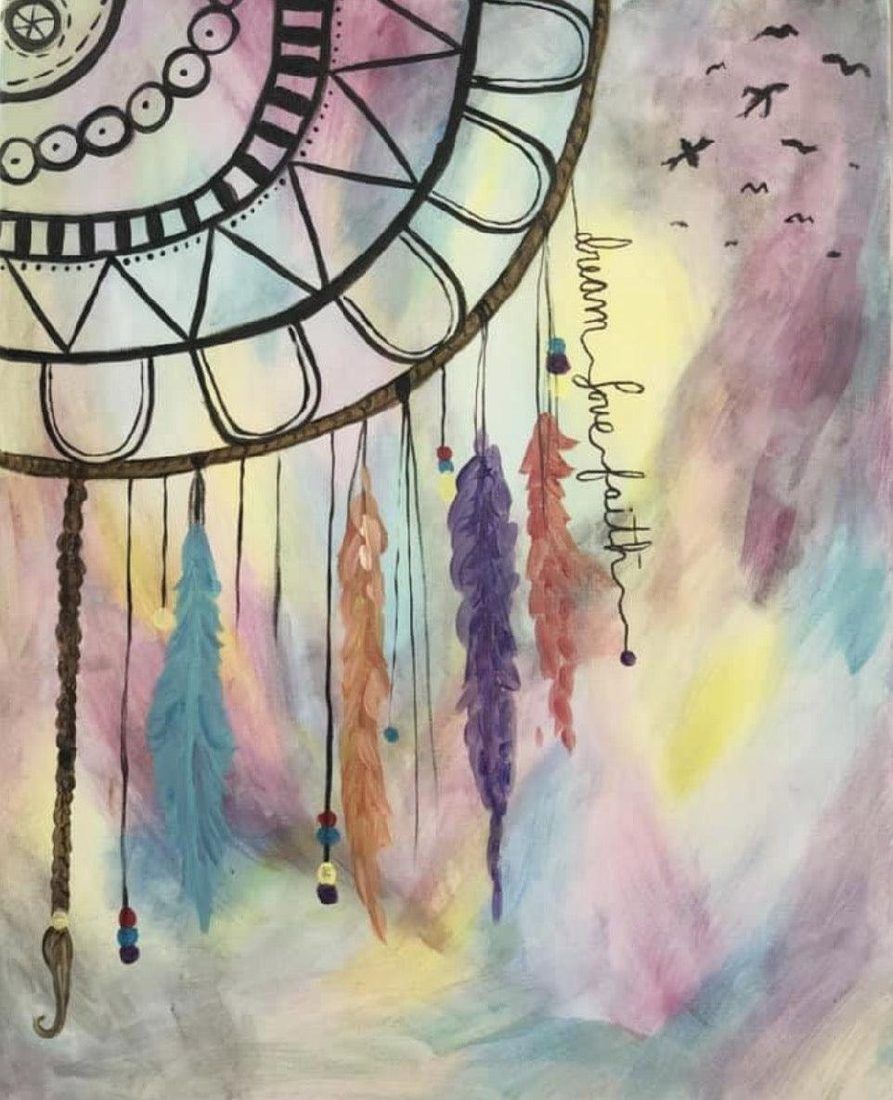 Watercolor dreamcatcher with pastel rainbow feathers hanging against a soft pink, yellow, and blue background
