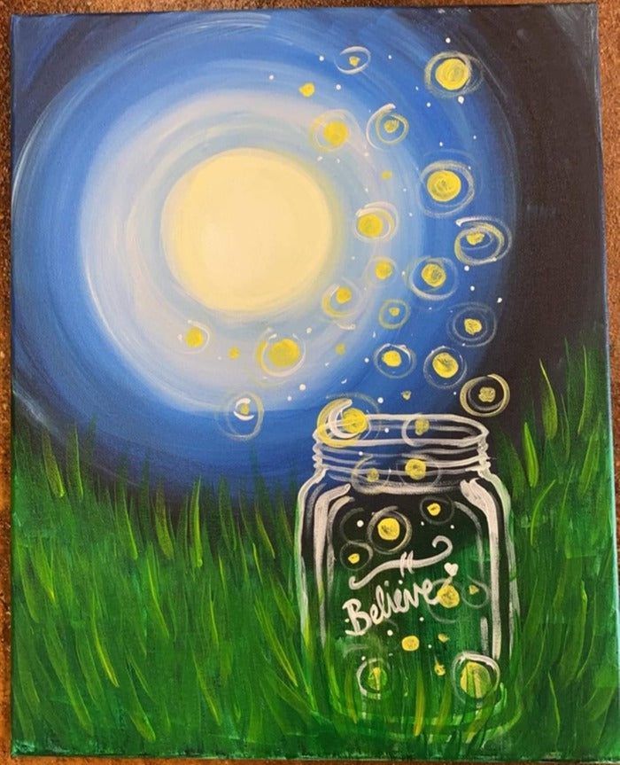 Glowing jar of fireflies in grass under a bright moonlit sky