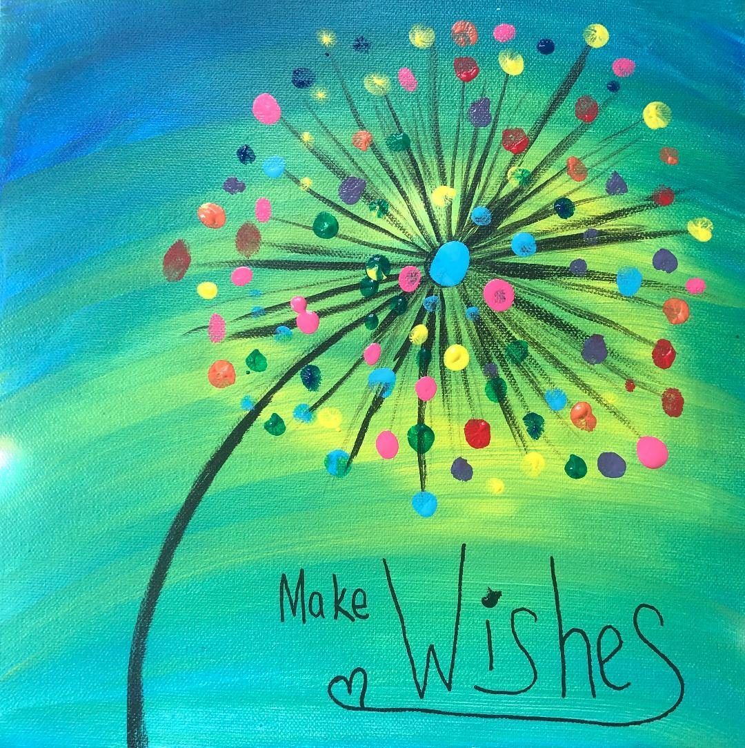 Colorful dandelion-style wish art on a blue-green background with “Make wishes” text.