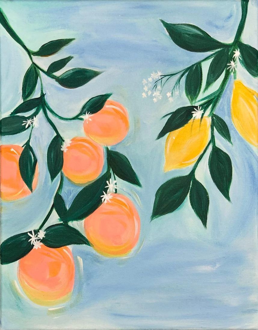 Watercolor-style branches with green leaves and orange fruit against a pale blue background.