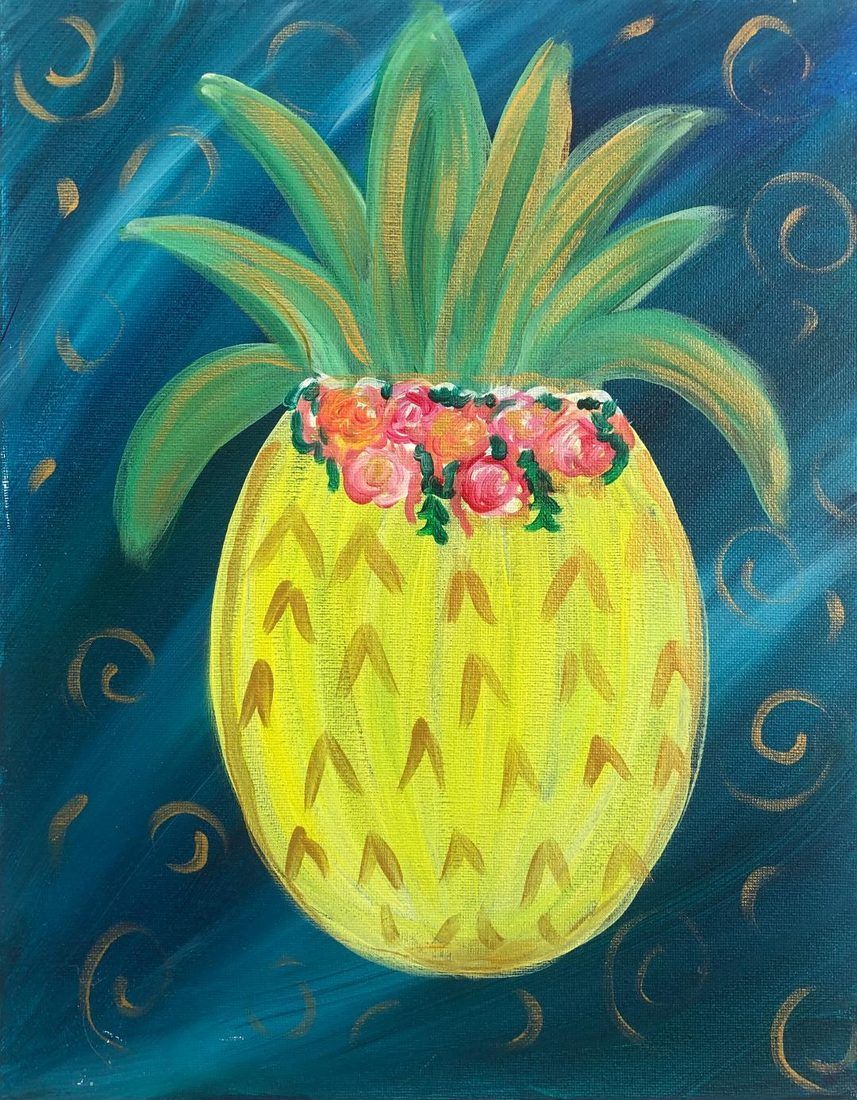 Colorful pineapple with green leaves and pink flowers on a dark blue swirled background