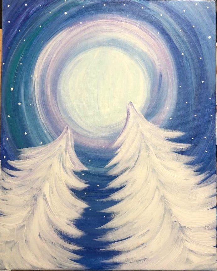 Two snow-covered pine trees beneath a glowing moon in a starry winter night sky