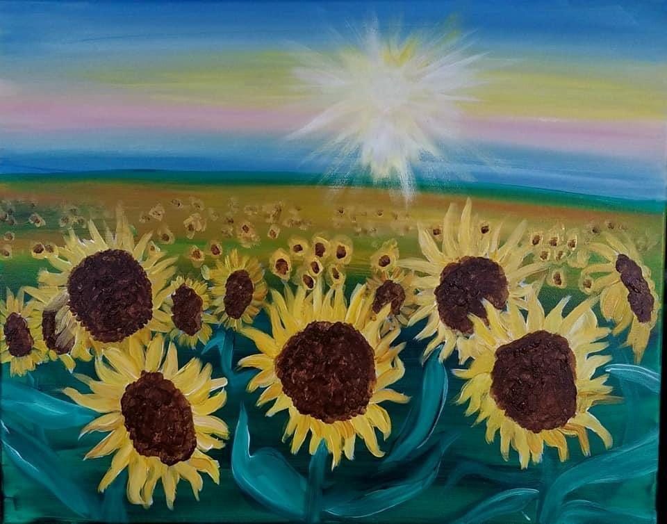 Sunflowers in a field under a bright sun, with teal waves and a colorful sky
