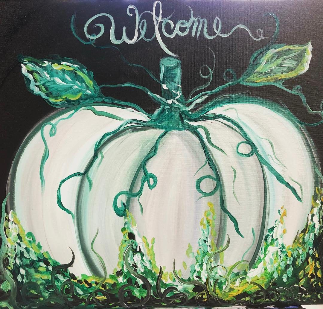 White pumpkin with green vines and leaves under “Welcome” on a chalkboard-style background.