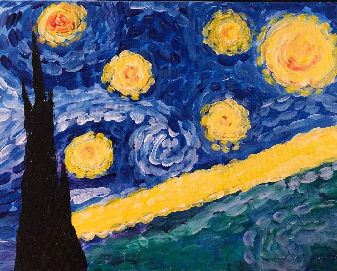 Starry Night-style painting with swirling blue sky, bright yellow stars, and a dark cypress silhouette