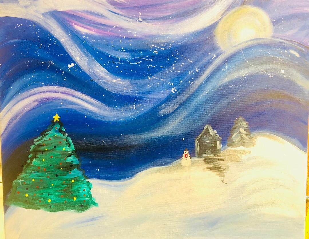 Winter night scene with snowy hills, glowing moon, swirling blue sky, and evergreen trees