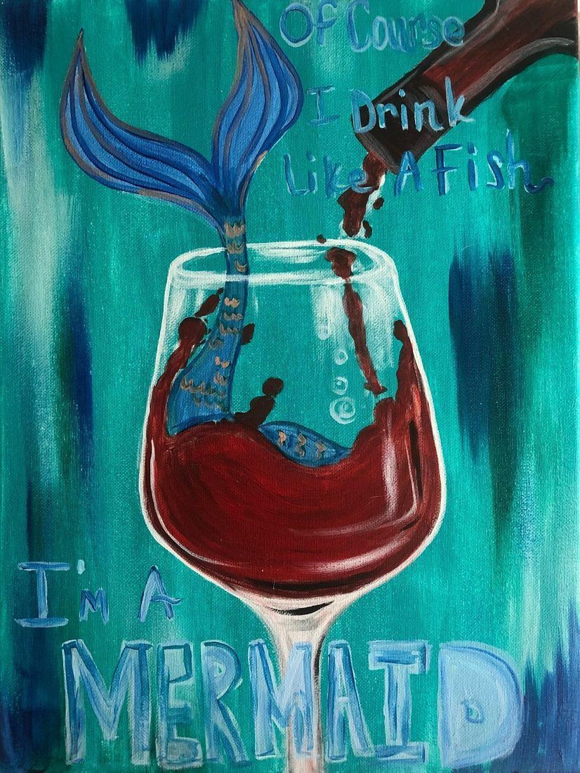 Turquoise art of a red wine glass with a blue mermaid tail, and faint text reading “I’M MERMAID” and “Drink”