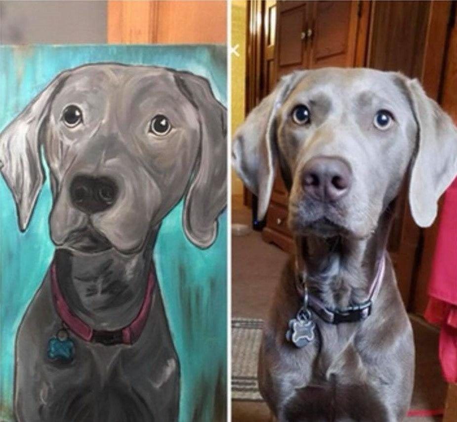 Side-by-side painting and photo of a gray dog with a teal background and wooden interior.