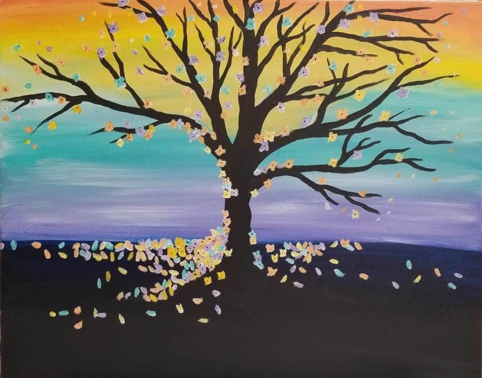 Abstract tree silhouette with falling pastel leaves against a colorful sunset sky and dark ground
