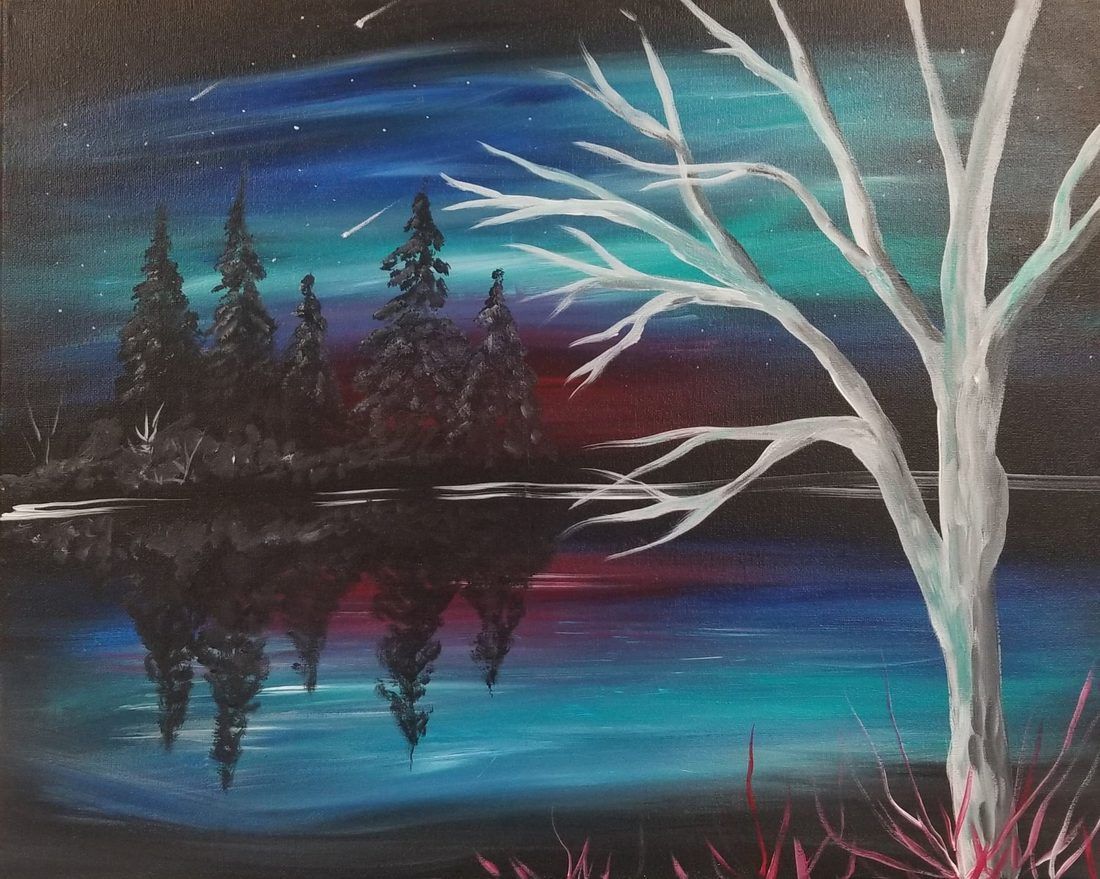 Moonlit painted landscape with white tree, dark pines, and colorful reflections on water.