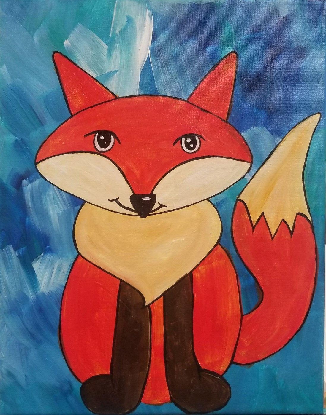 Cute red fox illustration with cream belly, standing on a blue painted background