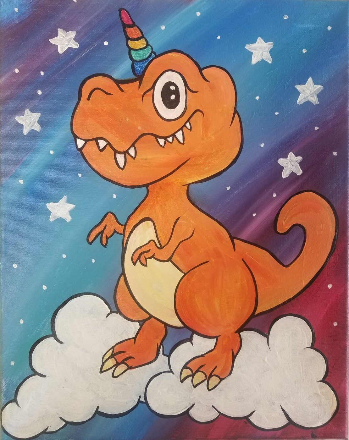 Orange cartoon dinosaur unicorn standing on a cloud, smiling in a starry purple sky.