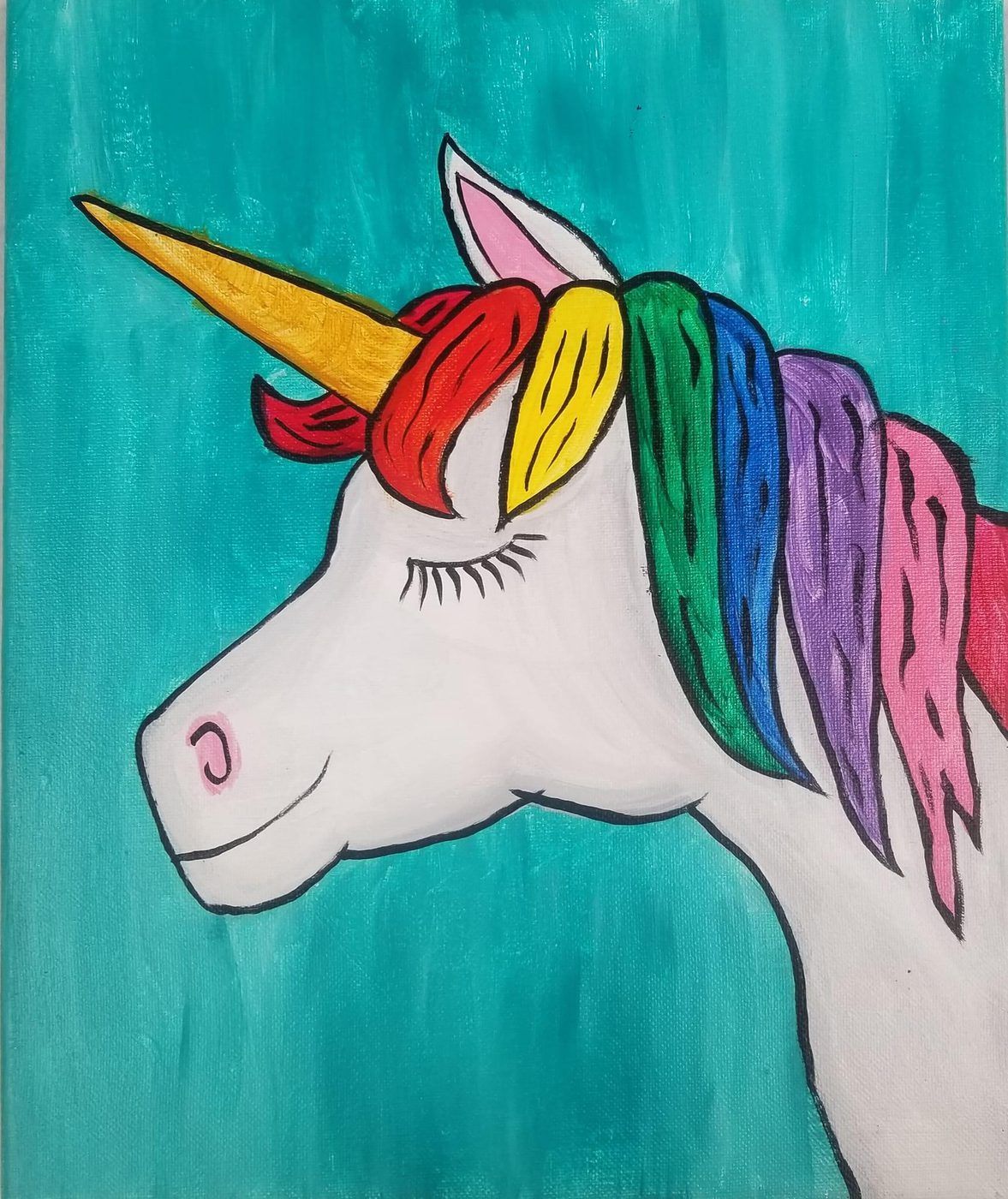 Rainbow-maned unicorn head on a teal background, with a gold horn and closed eye.