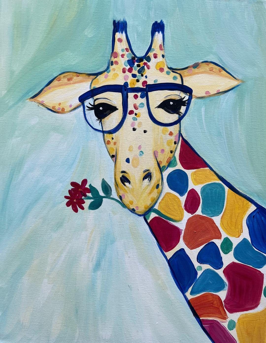 Cartoon giraffe with glasses holding a red flower on a blue background