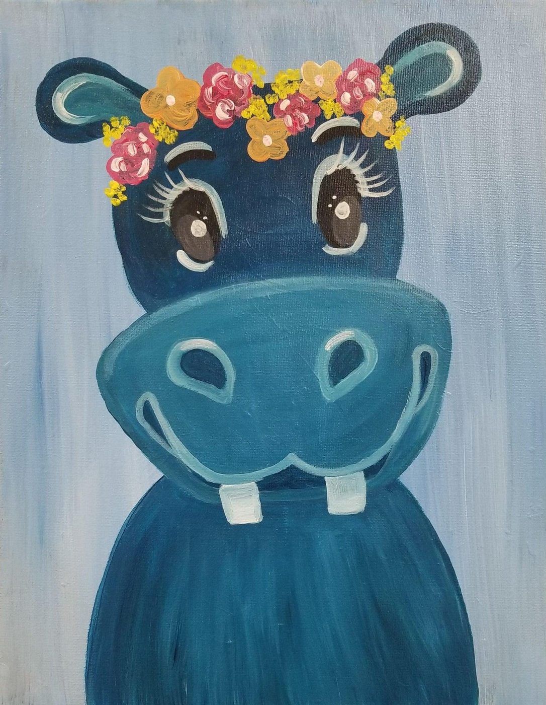 Blue cartoon hippo with a flower crown, wide eyes, and a cheerful expression on a light background