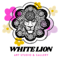 White lion logo with black-and-white floral mane, pink and yellow accents, “WHITE LION Art Studio & Gallery” text