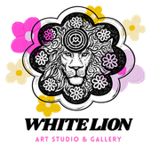 White lion logo with black-and-white floral mane, pink and yellow accents, “WHITE LION Art Studio & Gallery” text