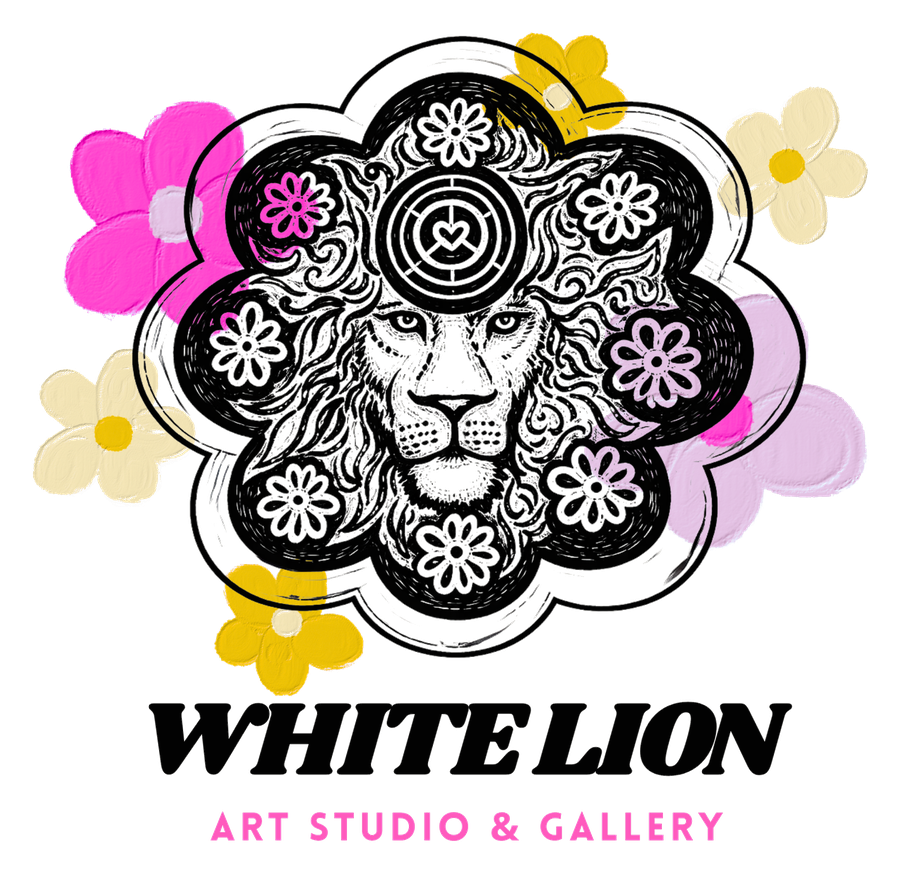White lion logo with black-and-white floral mane, pink and yellow accents, &ldquo;WHITE LION Art Studio & Gallery&rdquo; text