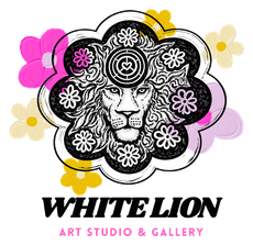 White lion logo with black-and-white floral mane, pink and yellow accents, “WHITE LION Art Studio & Gallery” text