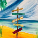 Colorful beach signpost with wooden arrows reading “lock,” “to the,” “Tikib,” “Beach Life,” and a red arrow on sand