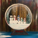 Snow globe with five snowmen and snow-covered pine trees in a snowy scene
