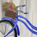 Blue bicycle with a basket of pink flowers, shown in a painted close-up.