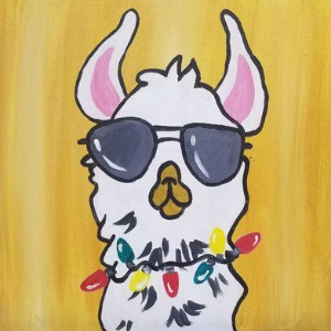 Cartoon llama wearing sunglasses and a colorful holiday light garland on a yellow background