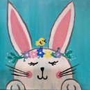 Cute white bunny with pink ears, flower crown, and closed eyes against a teal background