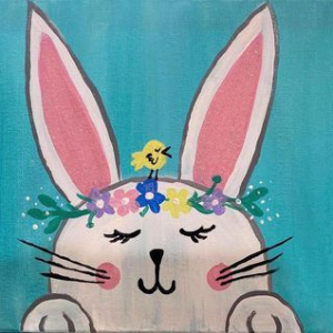 Cute white bunny with pink ears, flower crown, and closed eyes against a teal background