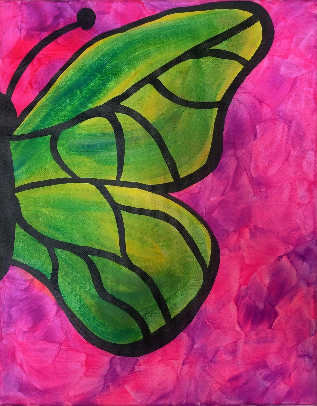 Green butterfly on a bright pink background, painted in bold black outlines.