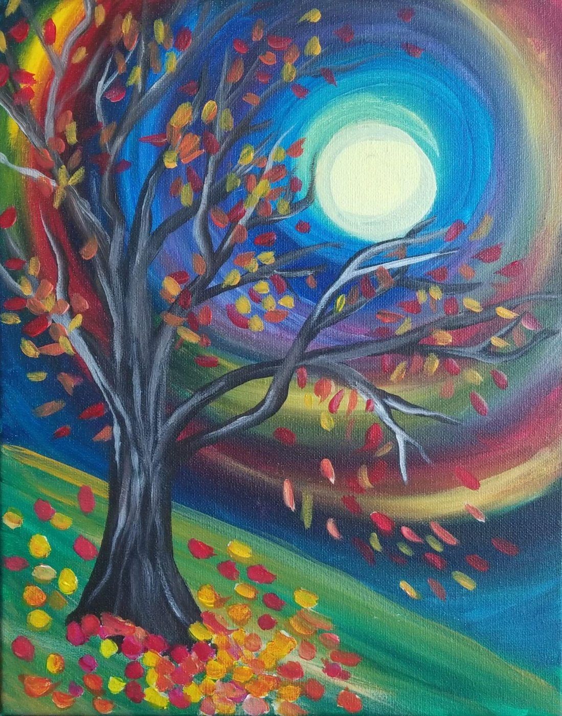 Colorful painting of a tree with swirling branches under a bright moonlit sky