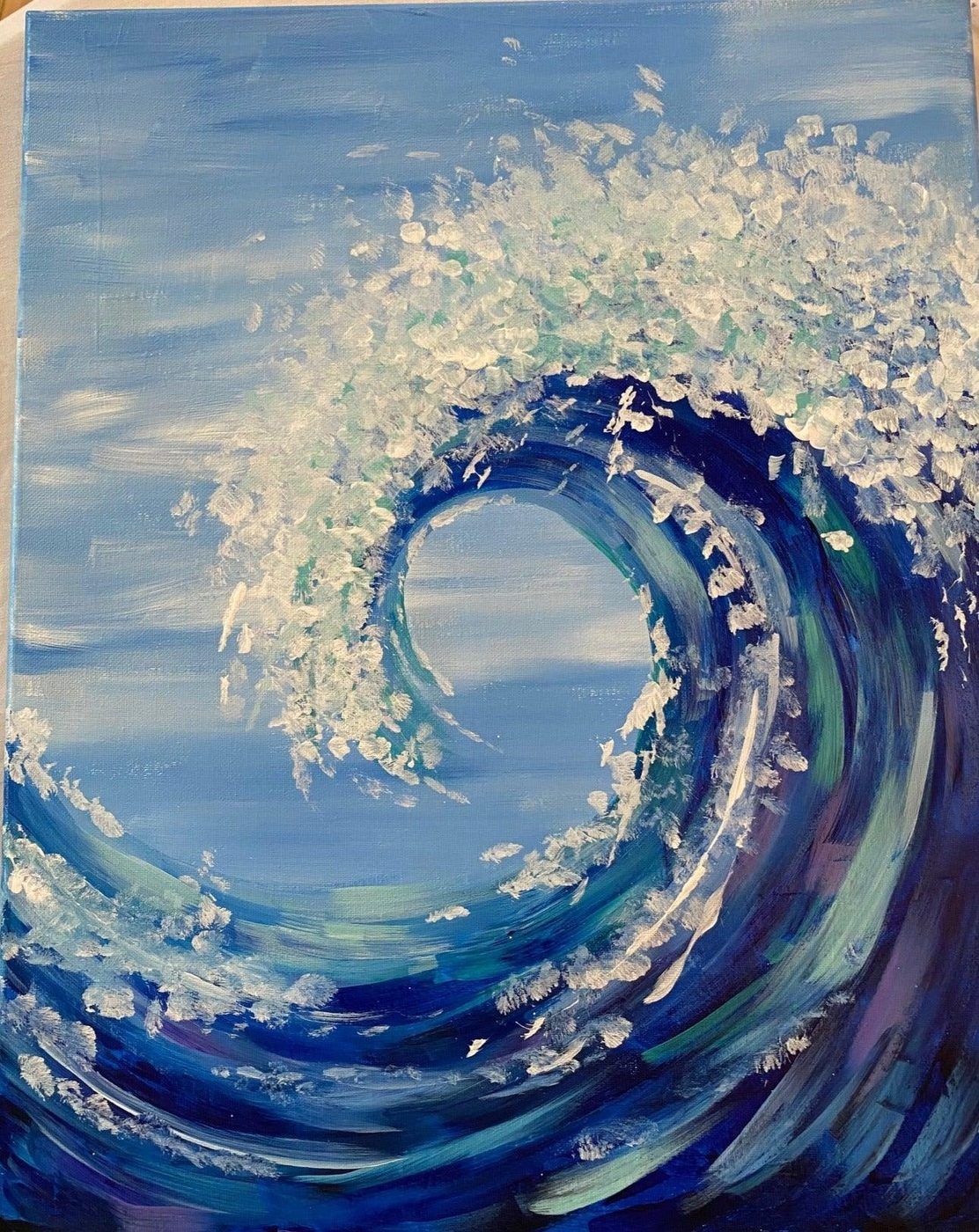 Abstract ocean wave in blue and white, cresting against a light sky backdrop