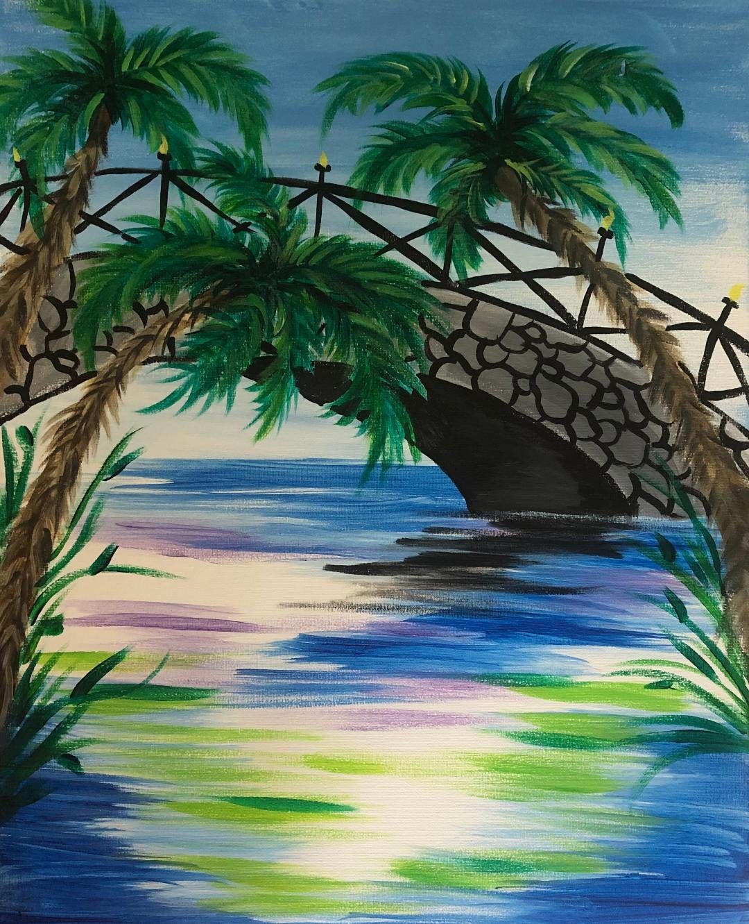 Tropical beach painting with palm trees, stone arch bridge, and colorful sunset reflections on water