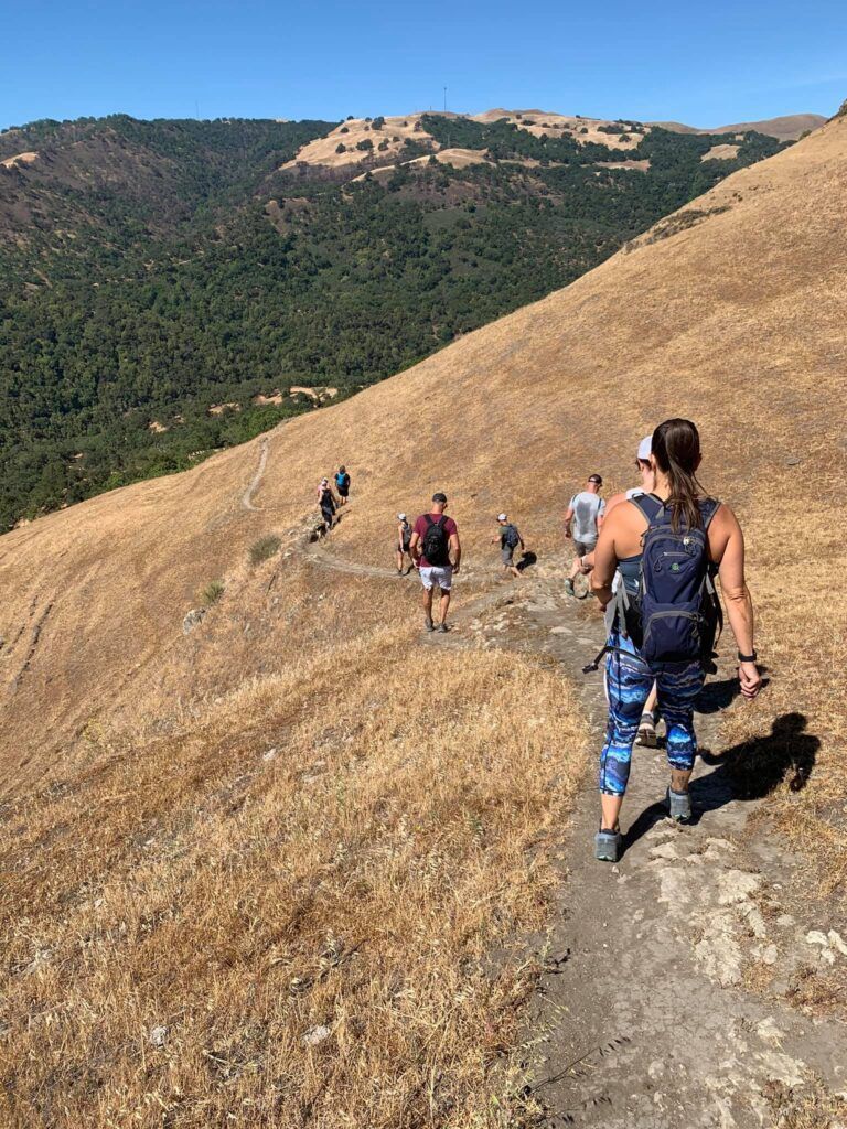 Hikers descending a dry hillside trail with forested mountains in the background