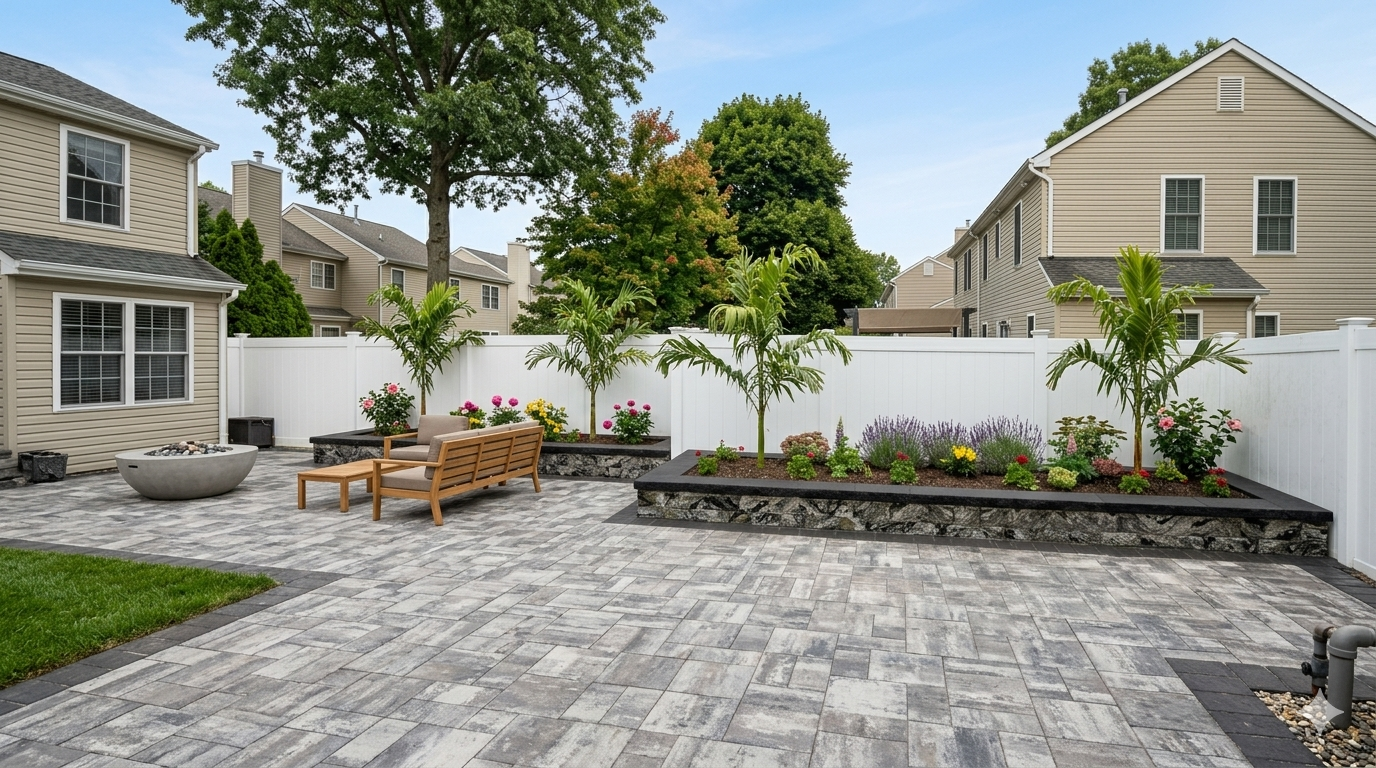 Marlboro NJ Landscape Contractor. Backyard patio with pavers, raised garden beds, benches, and a white fence between houses