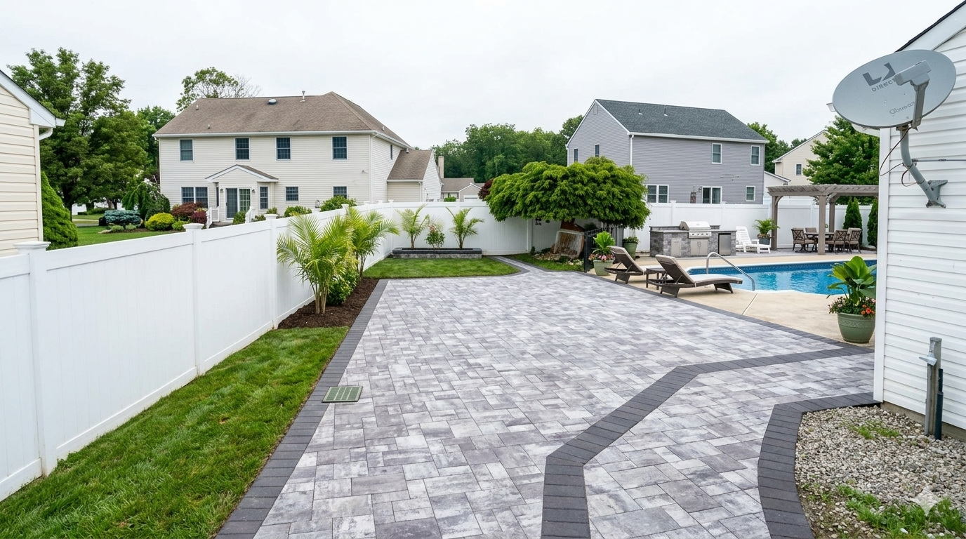 Paver patios in Colts Neck,. Backyard with white fence, stone patio, and swimming pool beside two suburban houses
