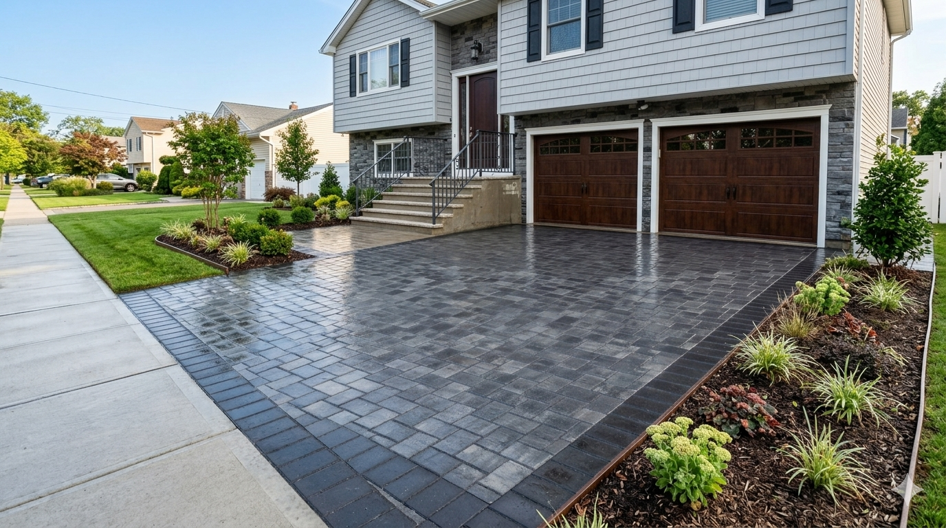 Point Pleasant Landscape Company. Modern suburban house with a dark paver driveway, two-car garage, and landscaped front yard