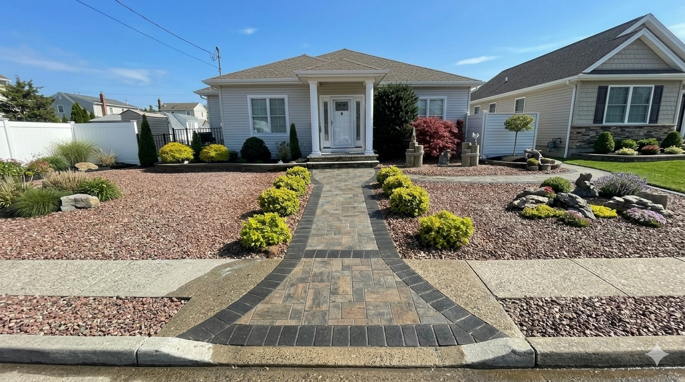 Single-story house with a paved walkway and desert-style front yard landscaping. Colts Neck Hardscaping services