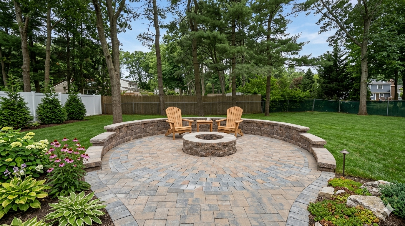 Morganville Landscape Company. Stone fire pit patio with two wooden chairs, surrounded by trees and green lawn.
