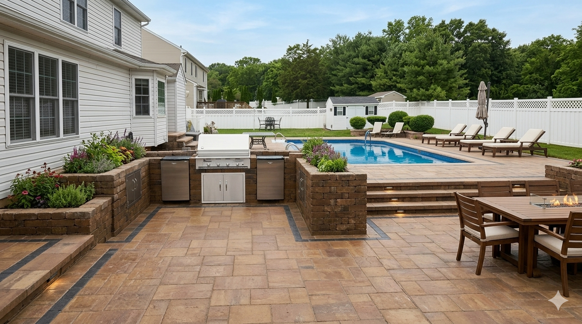 Colts Neck NJ Paver Patio with outdoor kitchen, brick pavers, pool, and lounge chairs beside a white house