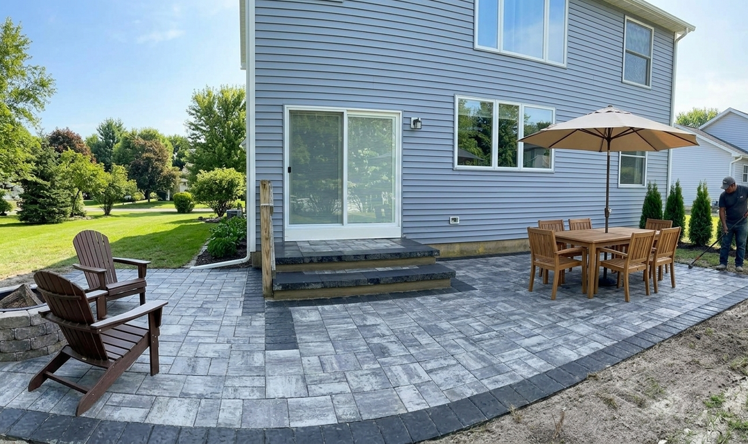 Paver patios in Brick NJ with gray siding, stone pavers, wooden table under umbrella, and a chair by the lawn
