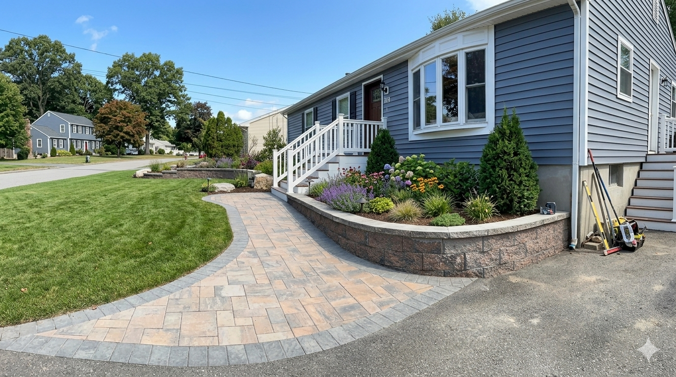 Pavers in Howell NJ. Blue house with curved stone walkway, flower bed, and lawn on a sunny suburban corner lot