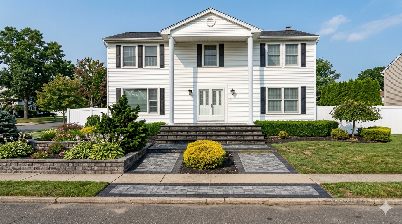Pavers in Marlboro NJ. White two-story colonial house with black shutters, front steps, and landscaped lawn by the street