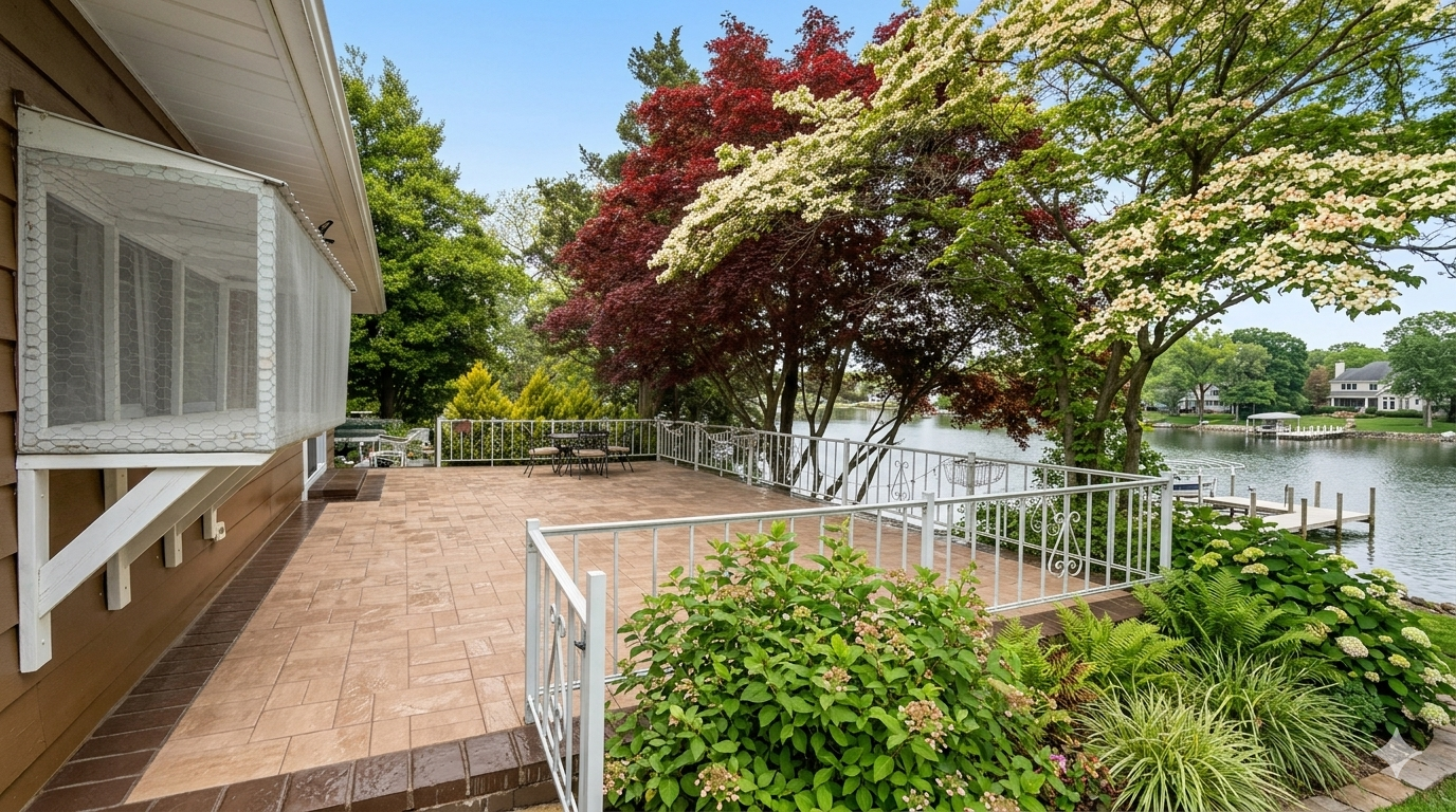 Long Beach Island Landscape Company, Patio beside a lake with white railing, brick wall, and lush trees in red, green, and yellow foliage