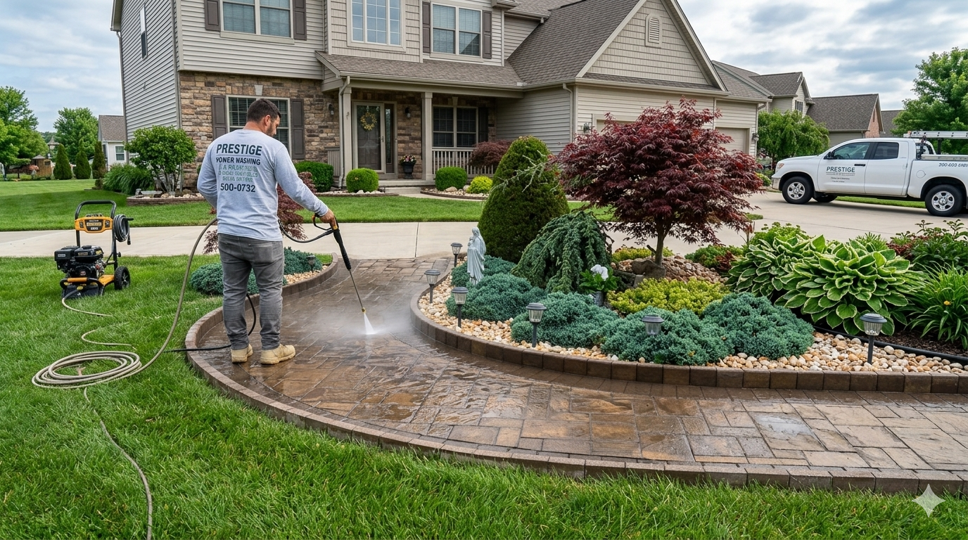 Landscape company in Bricktown NJ. Worker pressure-washing a curved driveway beside a landscaped suburban home