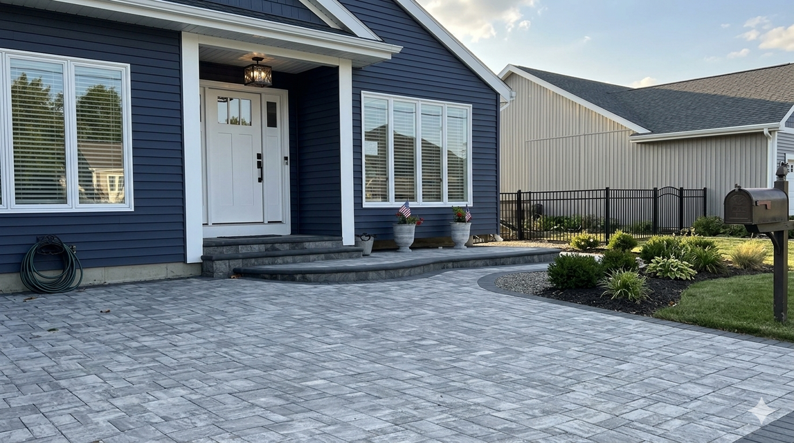 Hardscaping company in Colts Neck. Blue house with white trim, paved driveway, front porch, and landscaped garden