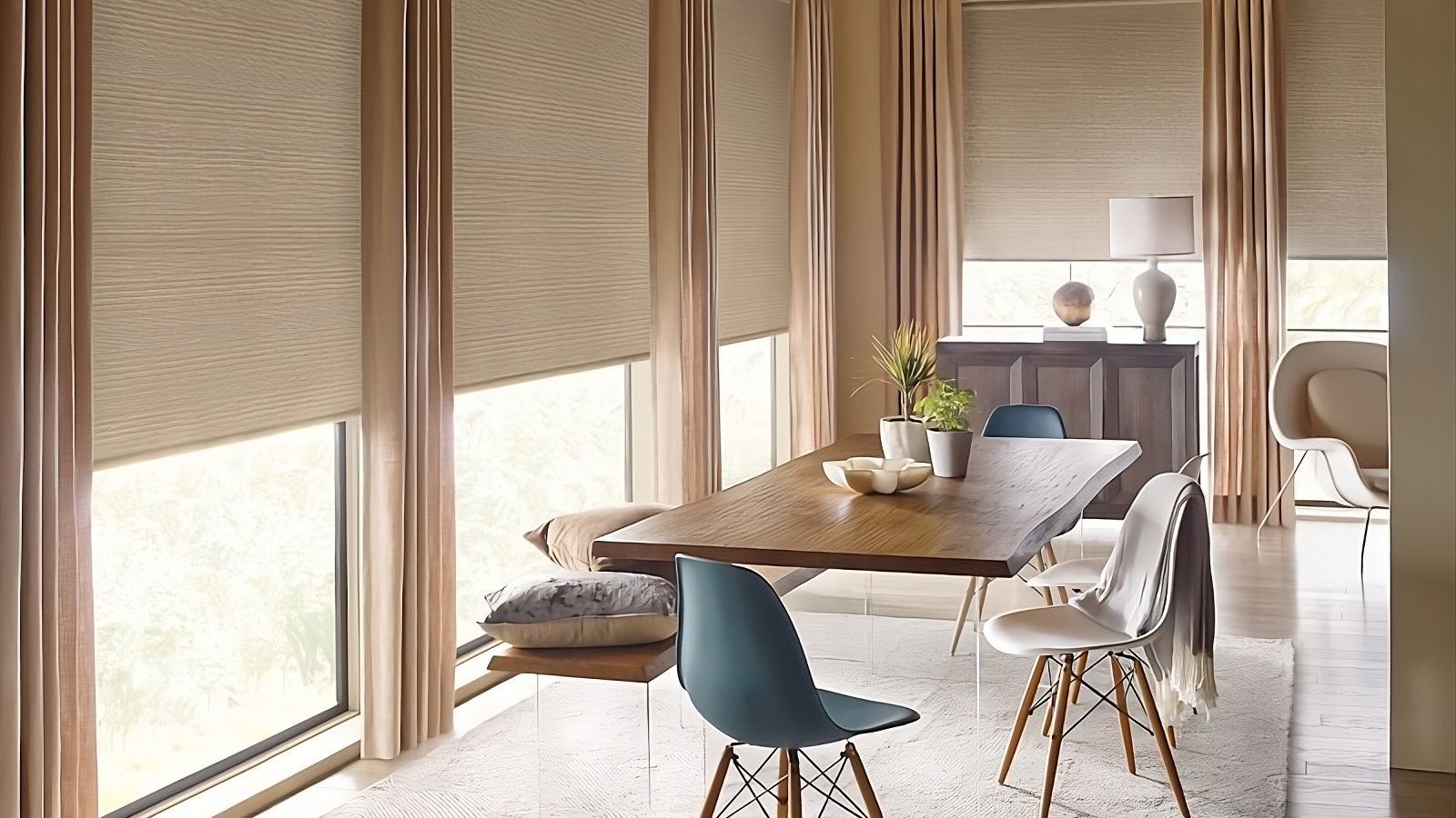 Hunter Douglas Roller Shades on five large windows in a chic and well-styled dining room